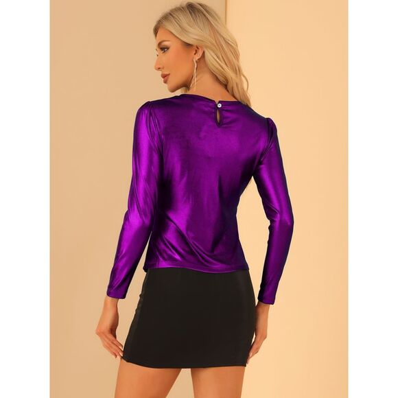 Long Sleeve Sparkly Party Glitter Shiny Metallic Tops Purple - Picture 4 of 5